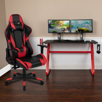 Flash Furniture BLN-X20RSG1030-RD-GG Red Gaming Desk and Red/Black Reclining Gaming Chair Set with Cup Holder and Headphone Hook